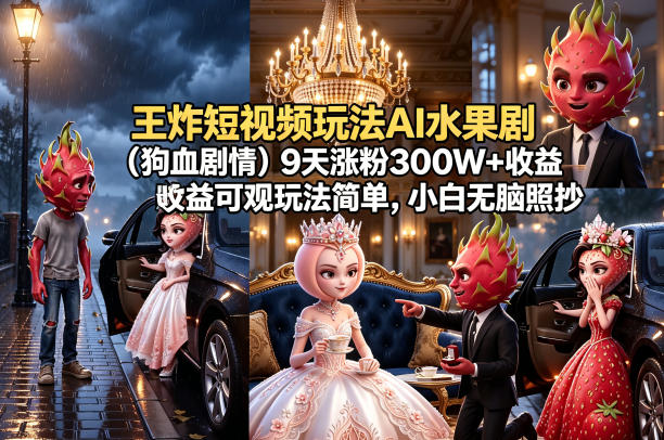 王炸短视频玩法AI水果剧(狗血剧情)9天涨粉300W+收益可观玩法简单，小白无脑照抄，详细拆解玩法-云网创