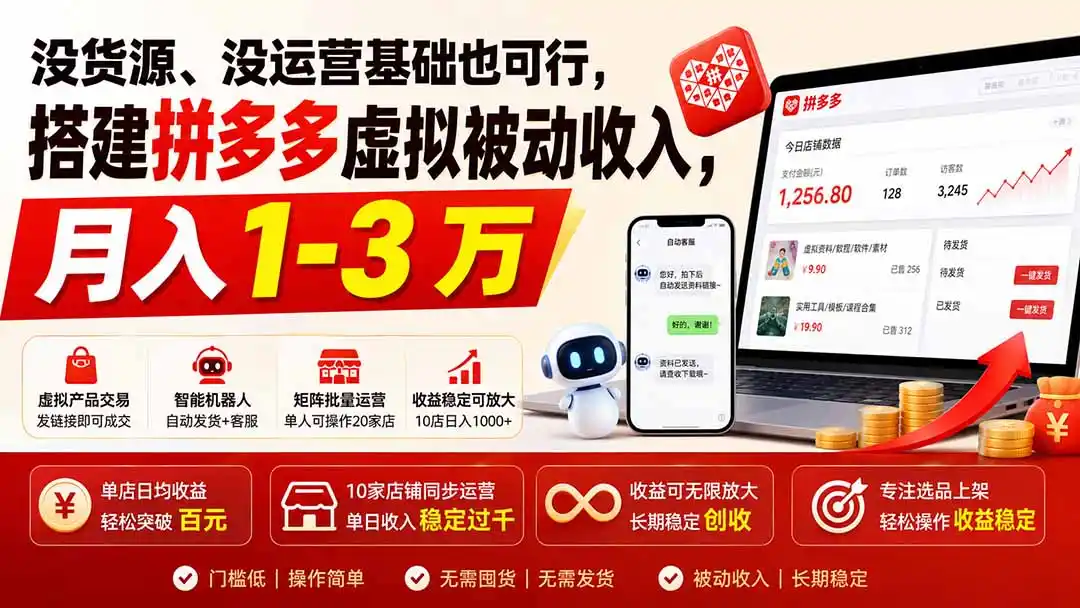 没货源、没运营基础也可行,搭建多多虚拟被动收入,月入 1-3 万-云网创