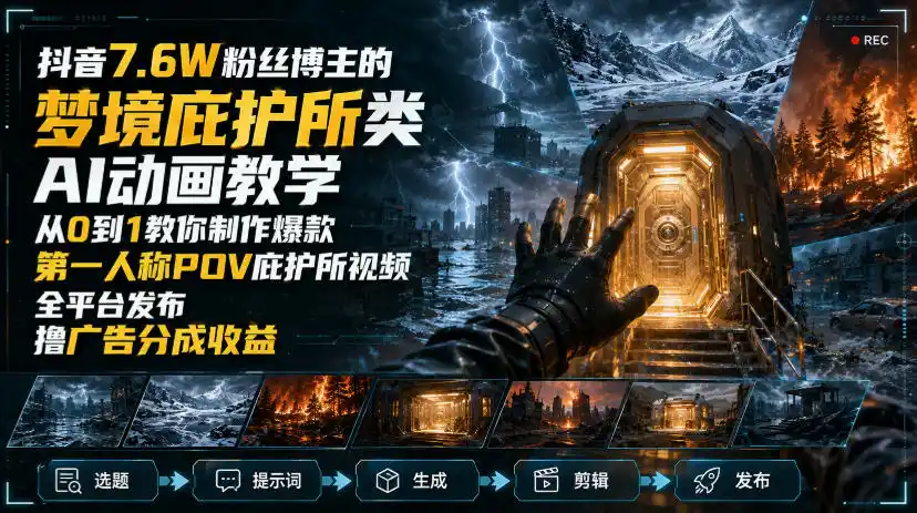 抖音7.6W粉丝博主的梦境庇护所类AI动画教学，从0到1教你制作爆款第一人称POV庇护所视频，全平台发布撸广告分成收益-云网创
