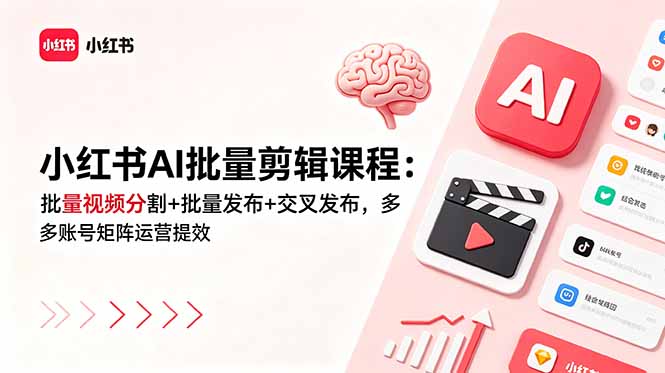 小红书AI批量剪辑课程：批量视频分割+批量发布+交叉发布，多账号矩阵运营提效-云网创