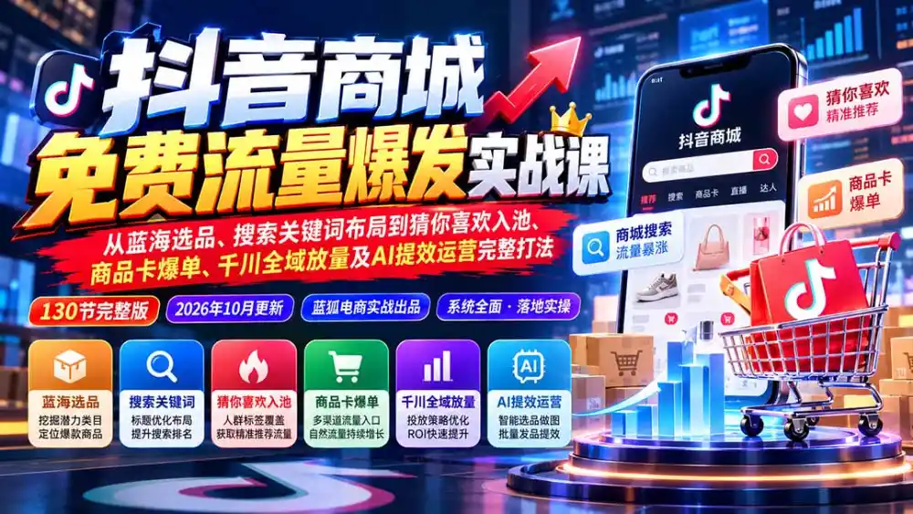 抖店城免费流量爆发实战-更新：蓝海选品、搜索关键词布局到猜你喜欢入池、商品卡爆单、千川全域放量及AI提效完整打法-云网创