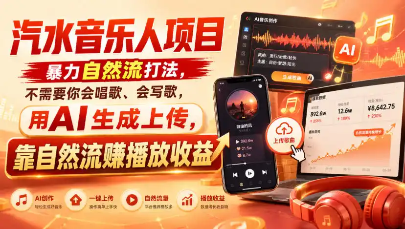 汽水音乐人项目,暴力自然流打法,不需要你会唱歌、会写歌,用AI生成上传,靠自然流賺播放收益-云网创
