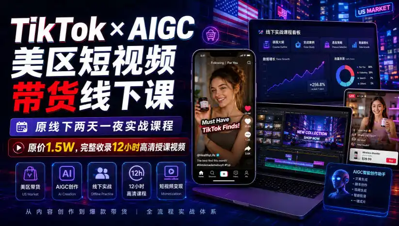 TikTok×AIGC美区短视频带货线下课,原线下两天一夜实战课程,原价1.5W,完整收录12小时高清授课视频-云网创