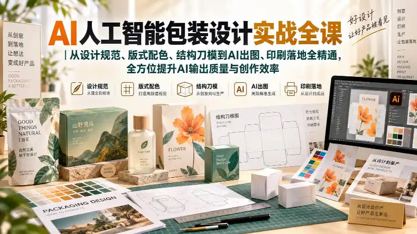 AI人工智能包装设计实战全课|从设计规范、版式配色、结构刀模到AI出图、印刷落地全精通-云网创
