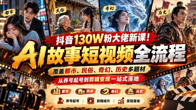 抖音130W粉大佬新课!AI故事短视频全流程,覆盖都市、民俗、奇幻、历史多题材,从养号起号到剪辑变现一站式落地-云网创