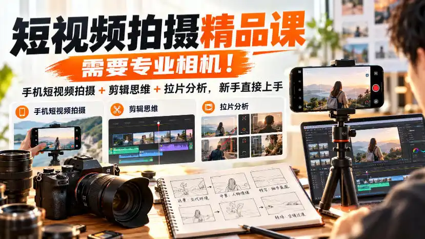 短视频拍摄精品课，需要专业相机！手机短视频拍摄+剪辑思维+拉片分析，新手直接上手-云网创