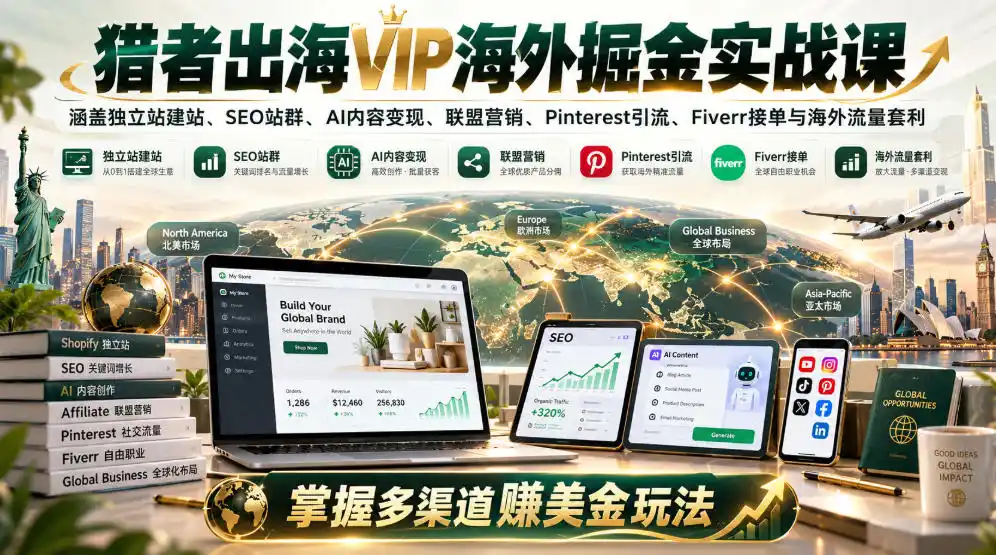 猎者出海VIP海外掘金实战课：涵盖独立站、SEO站群、AI变现、联盟营销、Pinterest引流、Fiverr接单与海外流量套利，掌握多渠道賺美金玩法-云网创