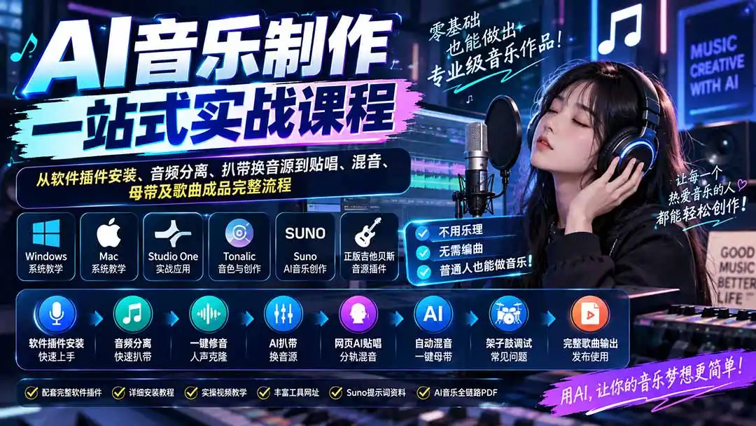 AI音乐制作一站式实战课程：从软件插件安装、音频分离、扒带换音源到贴唱、混音、母带及歌曲成品完整流程-云网创