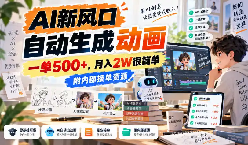 AI新风口,自动生成动画,一单500+,月入2W很简单,附内部接单资源【揭秘】-云网创
