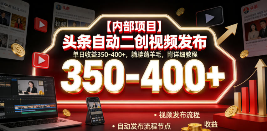 【内部项目】头条自动二创视频发布，单日收益350-400+，躺賺薅羊毛，附详细教程【揭秘】-云网创