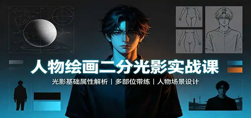 人物绘画二分光影实战课:光影基础属性解析,多部位带练,人物场景设计-云网创