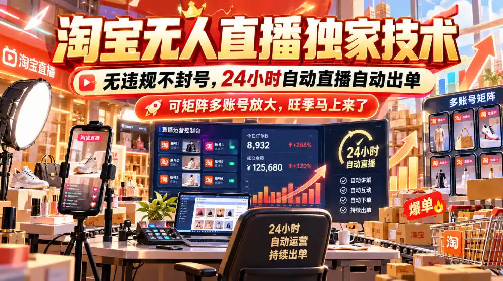 淘宝无人直播独家技术,无违规不封号,24小时自动直播自动出单,可矩阵多账号放大,旺季马上来了【揭秘】-云网创