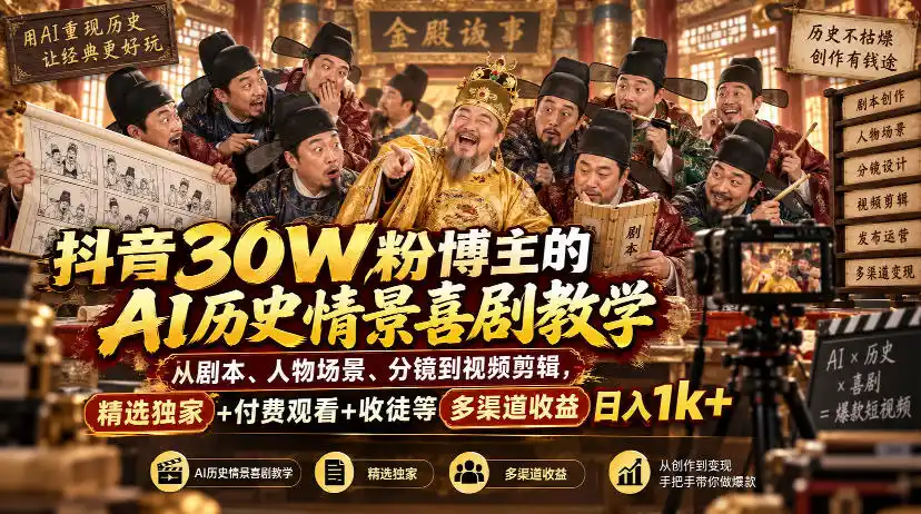 抖音30W粉博主的AI历史情景喜剧教学,从剧本、人物场景、分镜到视频剪辑,精选独家+付费观看+收徒等多渠道收益日入1k+-云网创