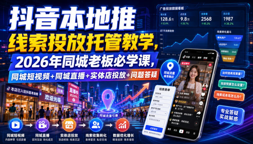抖音本地推线索投放托管教学，2026年同城老板必学课，同城短视频+同城直播+实体店投放+问题答疑-云网创