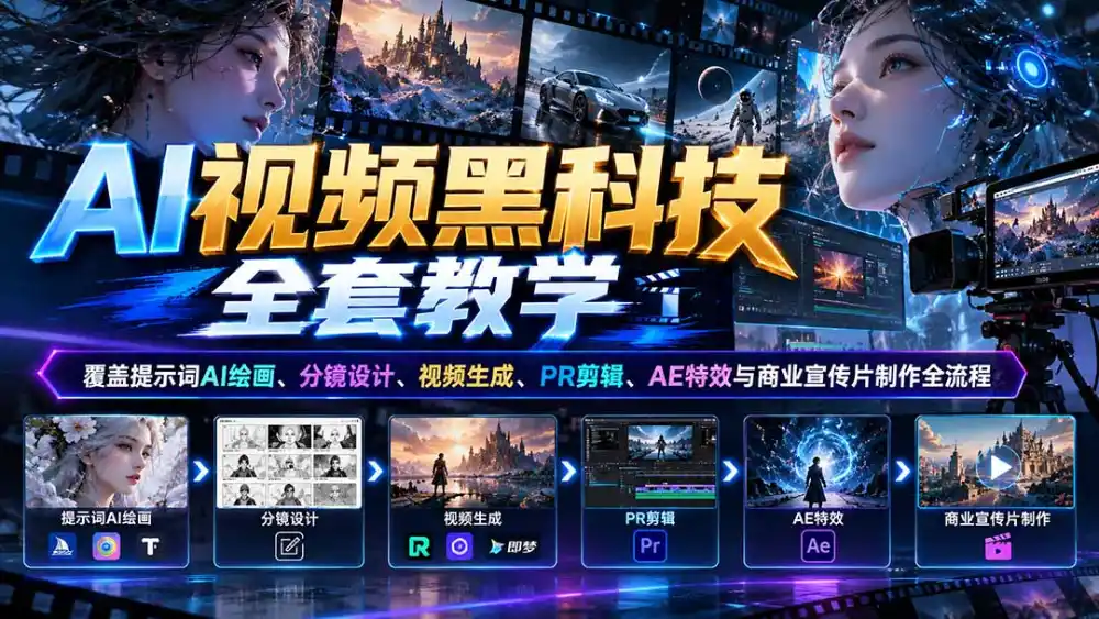 AI视频黑科技全套教学:覆盖提示词AI绘画、分镜设计、视频生成、PR剪辑、AE特效与商业宣传片制作全流程-云网创