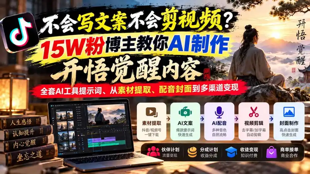 不会写文案不会剪视频?15W粉博主教你AI制作开悟觉醒内容,全套AI工具提示词、从素材提取、配音封面到多渠道变现-云网创