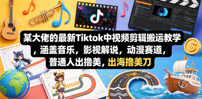 某大佬的最新Tiktok中视频剪辑搬运教学，涵盖音乐，影视解说，动漫赛道，普通人出海撸美刀-云网创