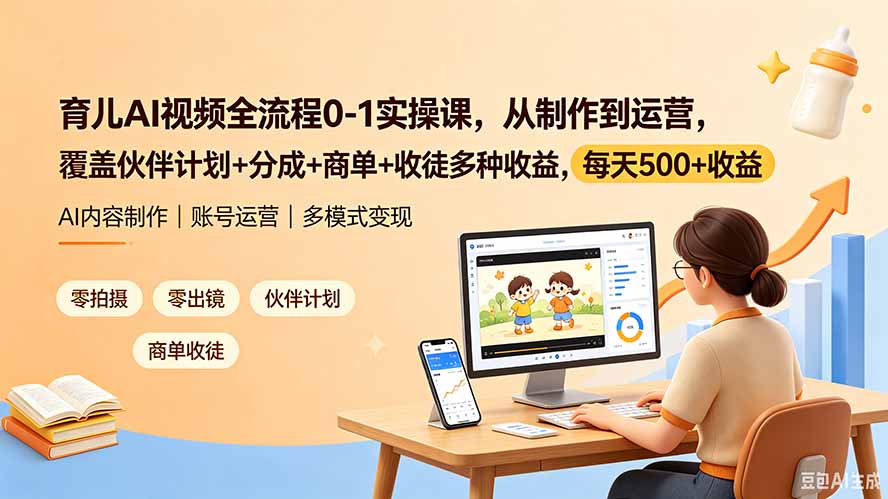 育儿AI视频全流程0-1实操课，从制作到运营，覆盖伙伴计划+分成+商单+收徒多种收益，每天500+收益-云网创