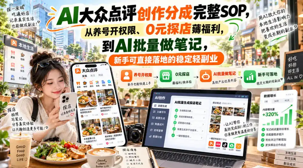 【无水印】AI大众点评创作分成完整SOP,从养号开权限、0元探店薅福利,到AI批量做笔记,新手可直接落地的稳定轻副业-云网创