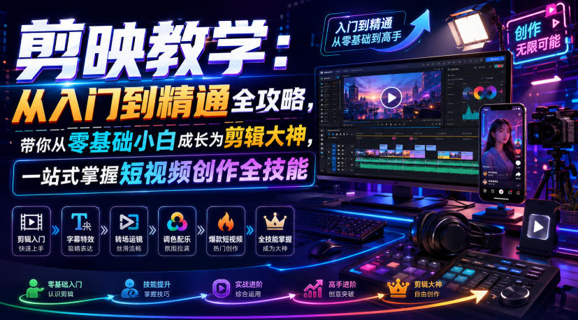 剪映教学：从入门到精通全攻略，带你从零基础小白成长为剪辑大神，一站式掌握短视频创作全技能-云网创