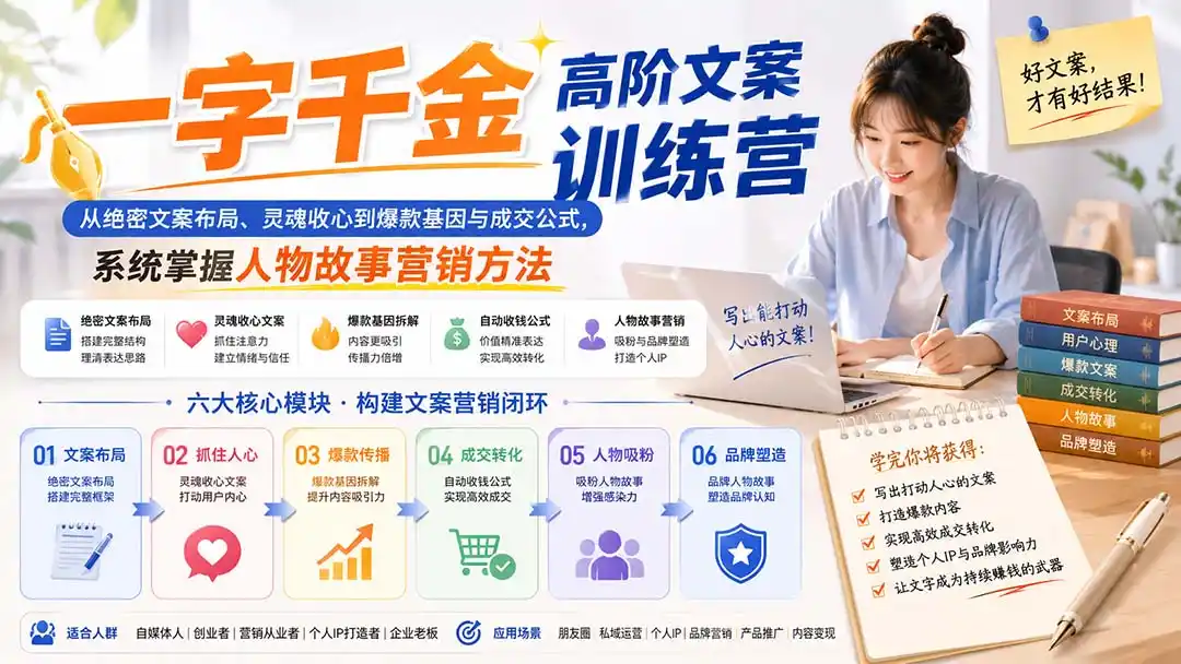 一字千金高阶文案训练营：从绝密文案布局、灵魂收心到爆款基因与成交公式，系统掌握人物故事营销方法-云网创