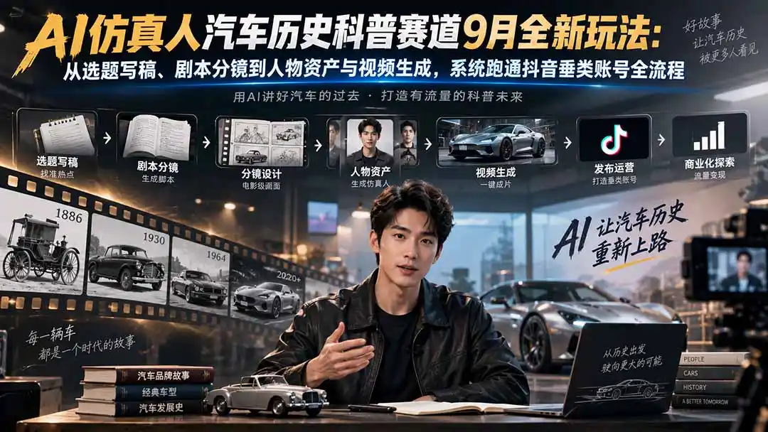 AI仿真人汽车历史科普赛道9月全新玩法：从选题写稿、剧本分镜到人物资产与视频生成，系统跑通抖音垂类账号全流程-云网创