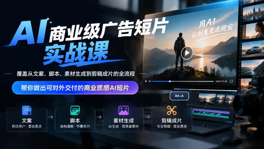 AI商业级广告短片实战课，覆盖从文案、脚本、素材生成到剪辑成片的全流程，帮你做出可对外交付的商业质感AI短片-云网创