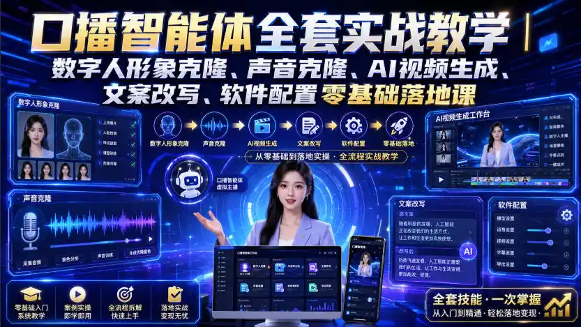 口播智能体全套实战教学｜数字人形象克隆、声音克隆、AI视频生成、文案改写、软件配置零基础落地课-云网创
