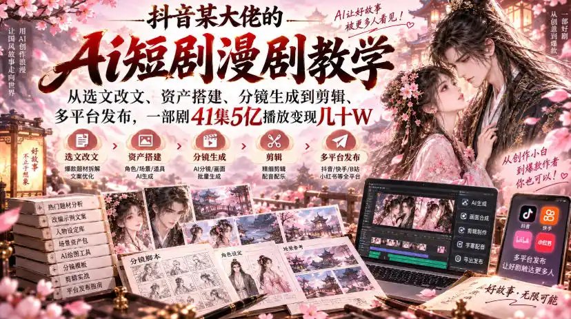 抖音某大佬的Ai短剧漫剧教学，从选文改文、资产搭建、分镜生成到剪辑、多平台发布，一部剧41集5亿播放变现几十W-云网创