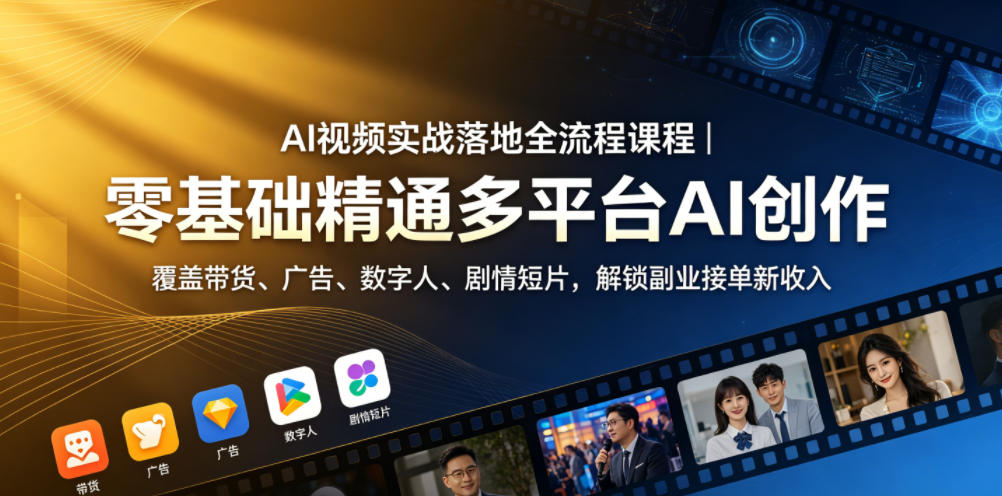 AI视频实战落地全流程课程｜零基础精通多平台AI创作，覆盖带货、广告、数字人、剧情短片，解锁副业接单新收入-云网创