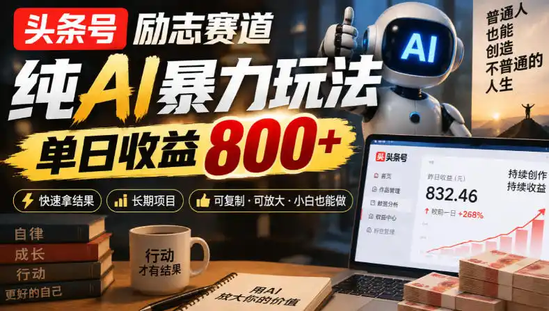 头条号励志赛道，纯AI暴力玩法，单日收益800+，快速拿结果，长期项目-云网创