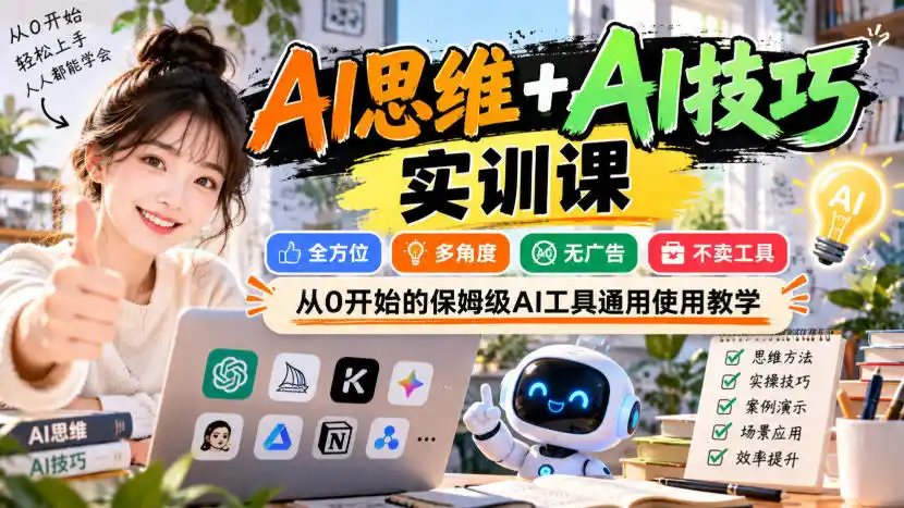 【无水印】AI思维+AI技巧实训课,全方位、多角度、无广告、不卖工具,从0开始的保姆级AI工具通用使用教学-云网创