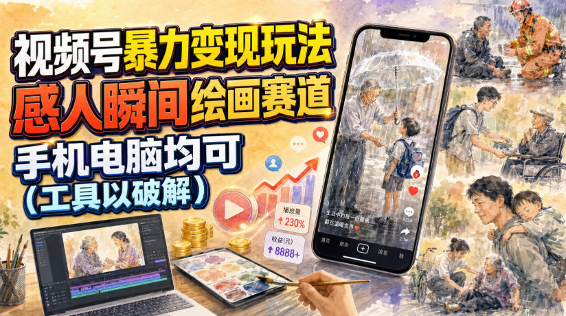 视频号暴力变现玩法，感人瞬间绘画赛道，手机电脑均可-云网创