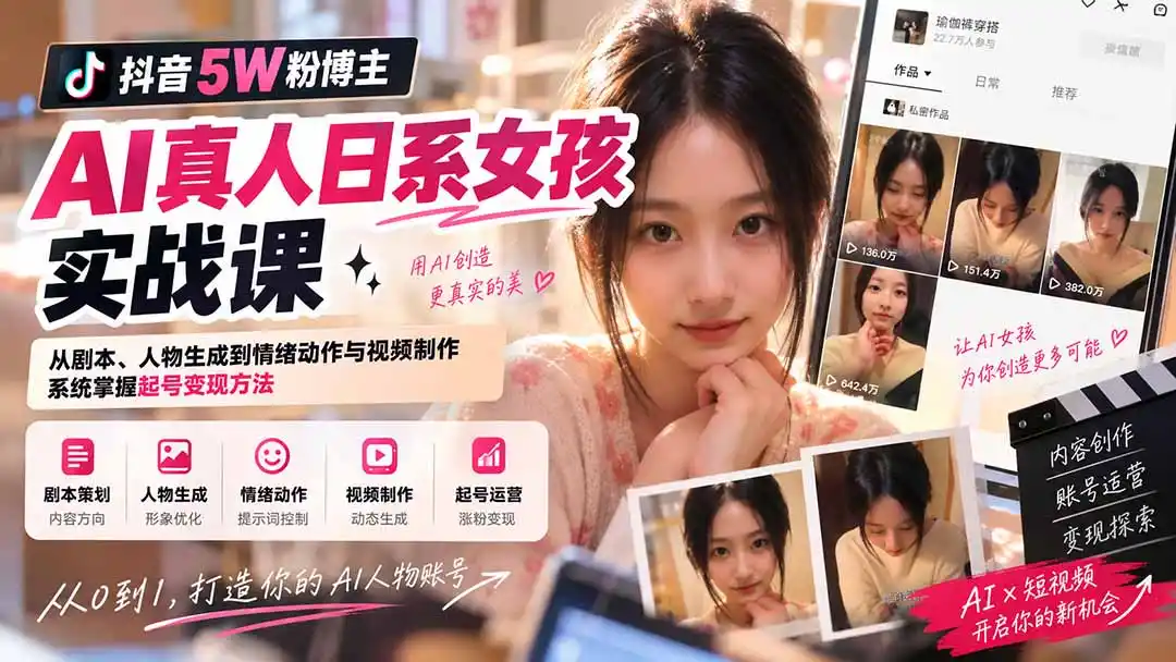 抖音5W粉博主AI真人日系女孩实战课：从剧本、人物生成到情绪动作与视频制作，系统掌握起号变现方法-云网创