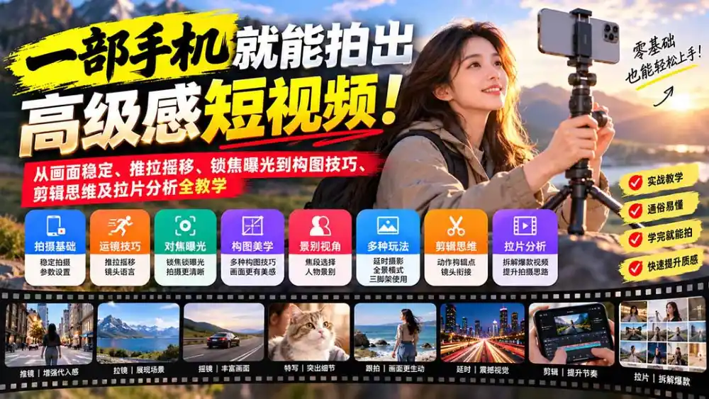 一部手机就能拍出高级感短视频!从画面稳定、推拉摇移、锁焦曝光到构图技巧、剪辑思维及拉片分析全教学-云网创