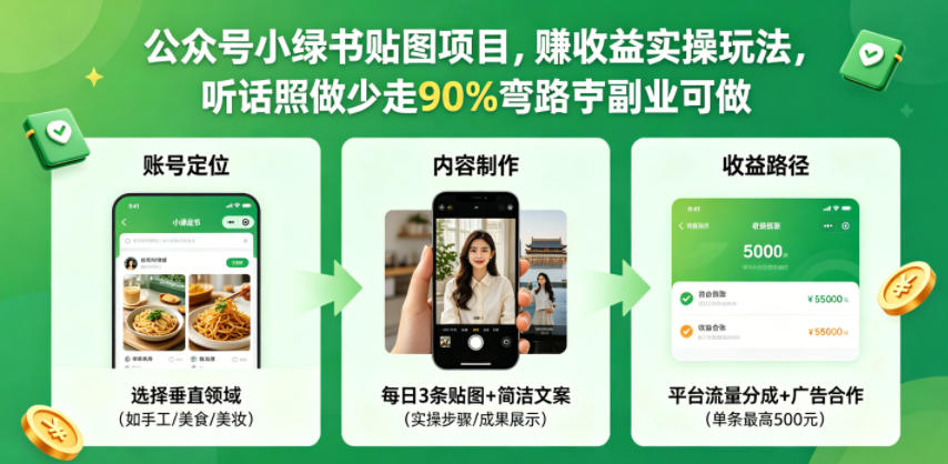 公众号小绿书贴图项目，赚收益实操玩法，听话照听话照少走90%弯路丨副业可做-云网创