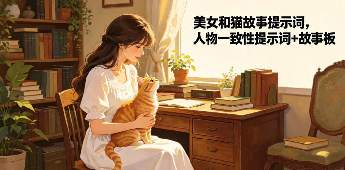 美女和猫故事提示词，人物一致性提示词+故事板-云网创