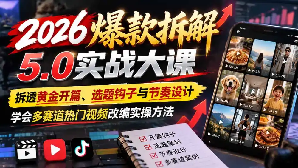 2026爆款拆解5.0实战大课:拆透黄金开篇、选题钩子与节奏设计,学会多赛道热门视频改编实操方法-云网创