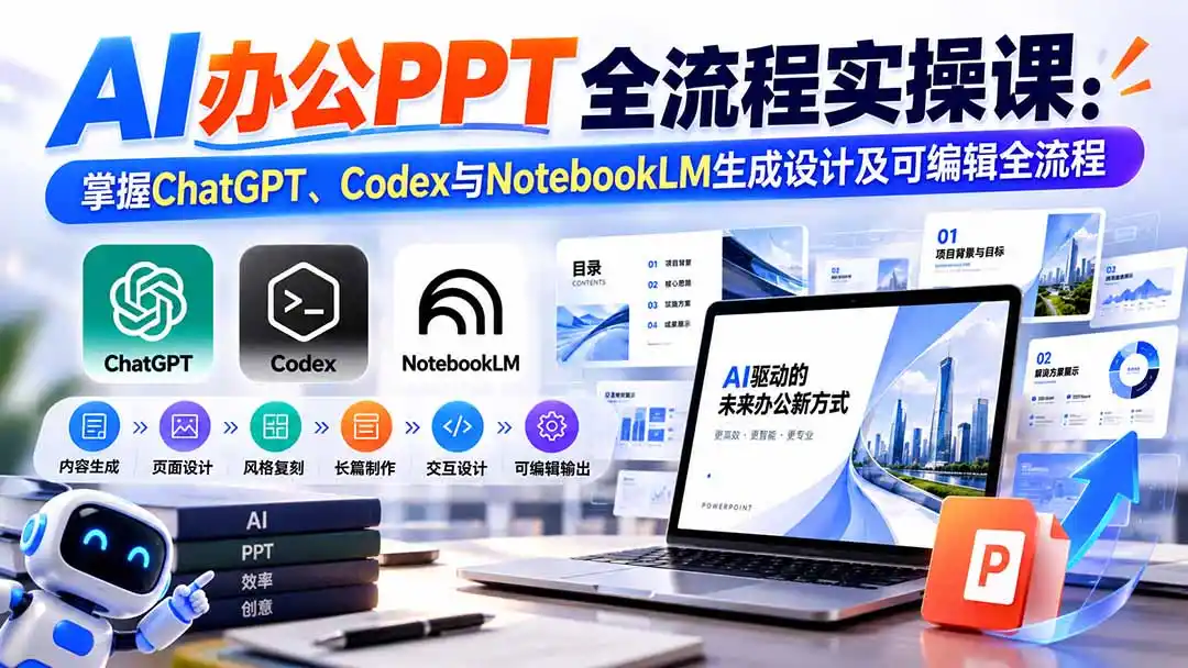 【无水印】AI办公PPT全流程实操课: 掌握ChatGPT、Codex与NotebookLM生成设计及可编辑全流程-云网创