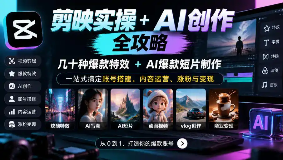 剪映实操+AI创作全攻略｜几十种爆款特效+AI爆款短片制作，一站式搞定账号搭建、内容运营、涨粉与变现-云网创