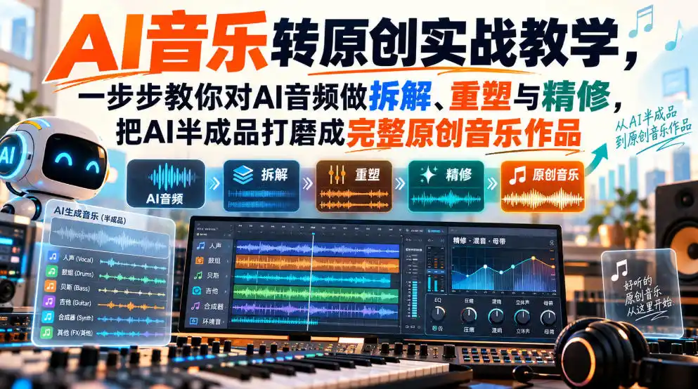 AI音乐转原创实战教学，一步步教你对AI音频做拆解、重塑与精修，把AI半成品打磨成完整原创音乐作品-云网创