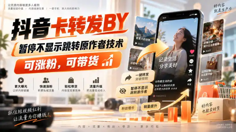 抖音卡转发搬运,暂停不显示跳转原作者技术,可涨粉,可带货-云网创