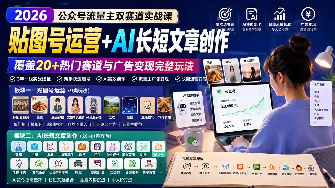 公众号流量主双赛道实战课：贴图号运营+AI长短文章创作，覆盖20+热门赛道与广告变现完整玩法-云网创