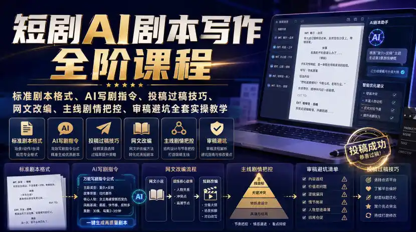 短剧AI剧本写作全阶课程｜标准剧本格式、AI写剧指令、投稿过稿技巧、网文改编、主线剧情把控、审稿避坑全套实操教学-云网创