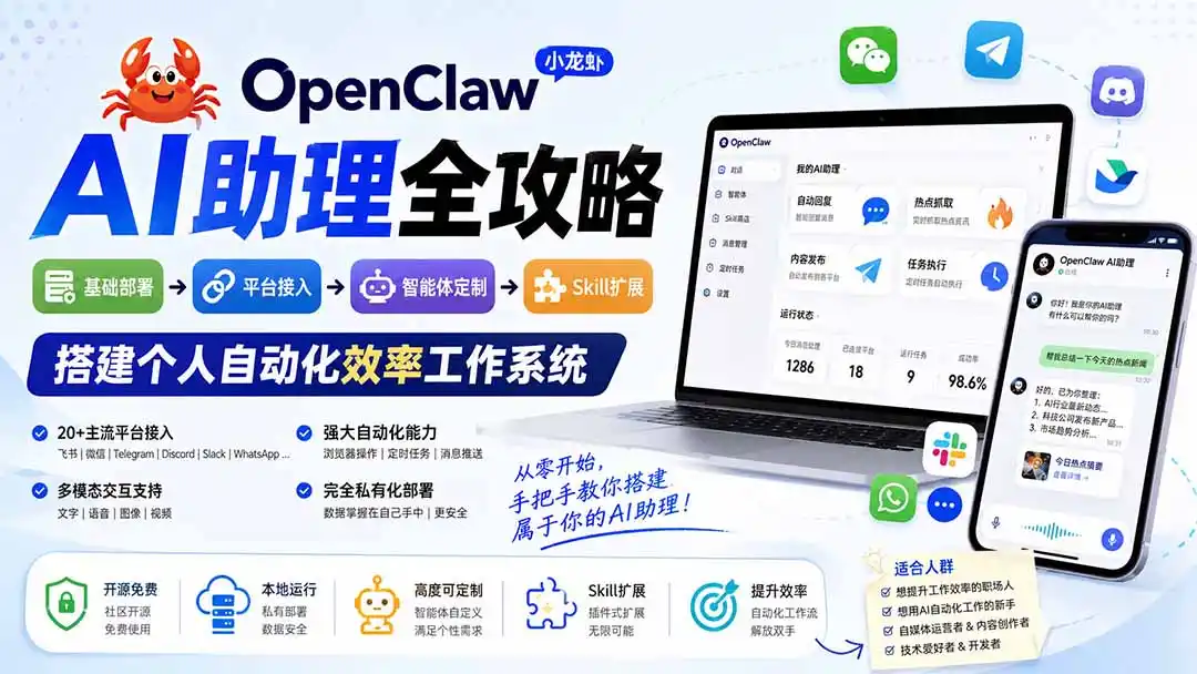 OpenClaw小龙虾 AI助理全攻略：基础部署→平台接入→智能体定制→Skill扩展，搭建个人自动化效率工作系统-云网创