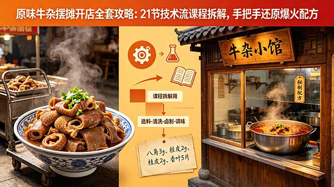 原味牛杂摆摊开店全套攻略：21节技术流课程拆解，手把手还原爆火配方-云网创