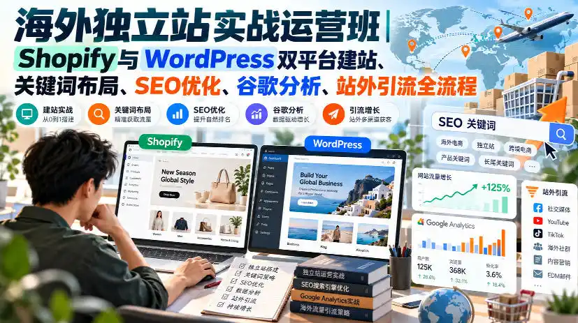 海外独立站实战运营班|Shopify与WordPress双平台建站、关键词布局、SEO优化、谷歌分析、站外引流全流程-云网创