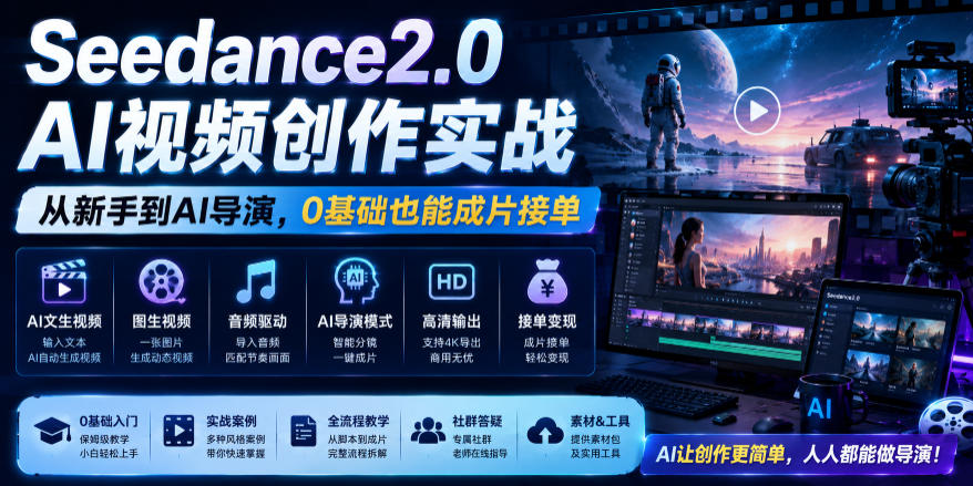 Seedance2.0 AI视频创作实战，从新手到AI导演，0基础也能成片接单变现-云网创