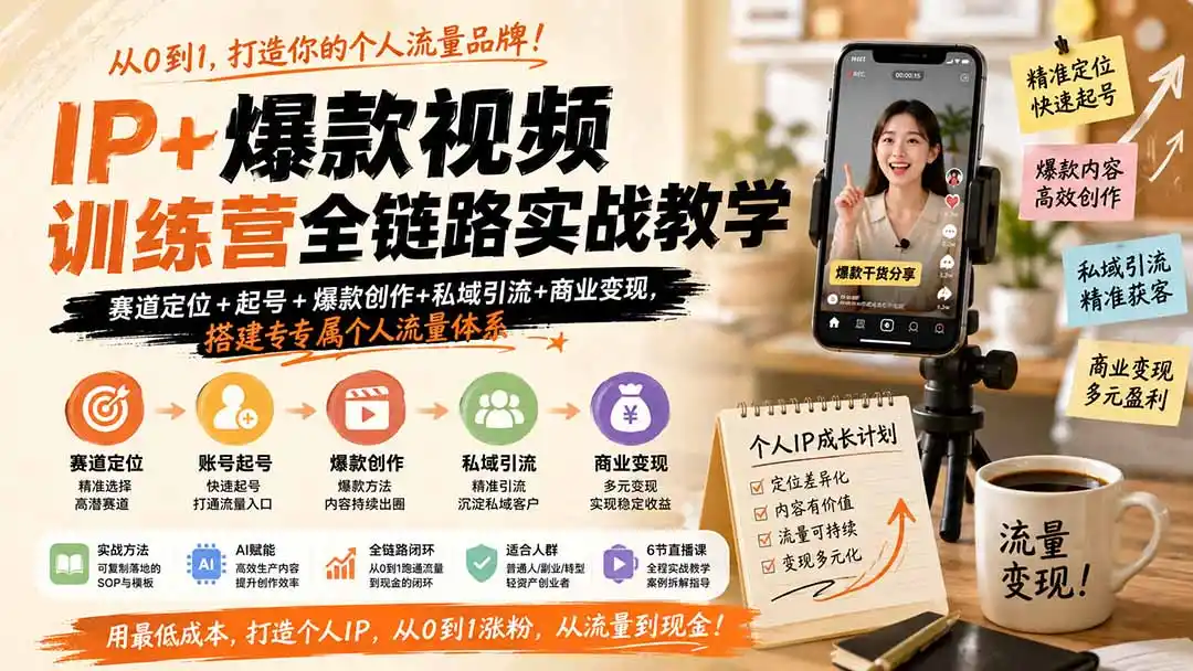 IP+爆款视频训练营全链路实战教学;赛道定位+起号+爆款创作+私域引流+商业变现,搭建专属个人流量体系-云网创