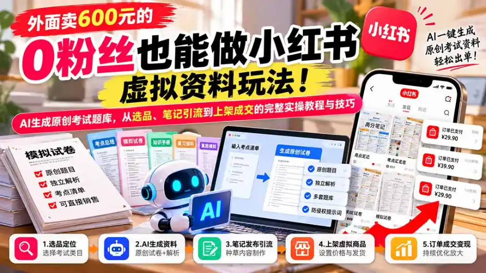外面卖600元的 零粉丝也能做小红书虚拟资料玩法!AI生成原创考试题库,从选品、笔记引流到上架成交的完整实操教程-云网创